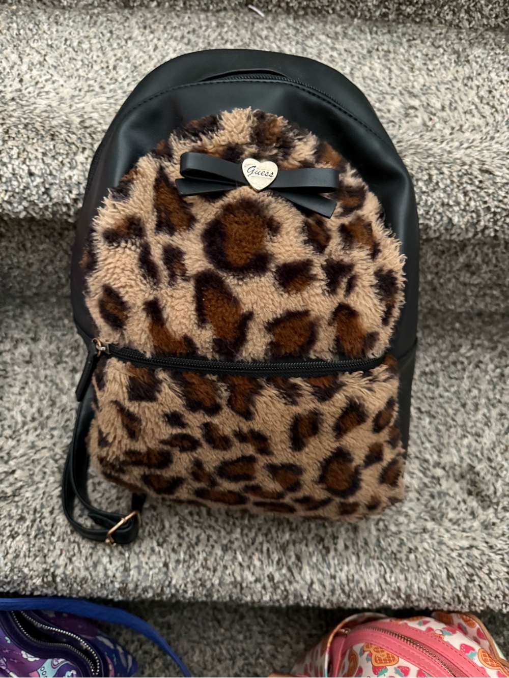 Guess Leopard Print Faux Fur Mini Backpack - Black and Brown